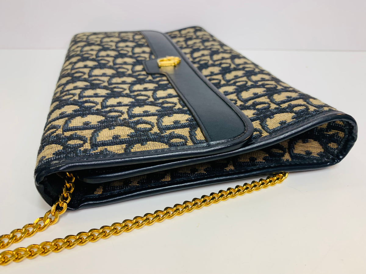 Vintage Christian Dior Oblique Monogram Flap Clutch / Chain Shoulder Bag