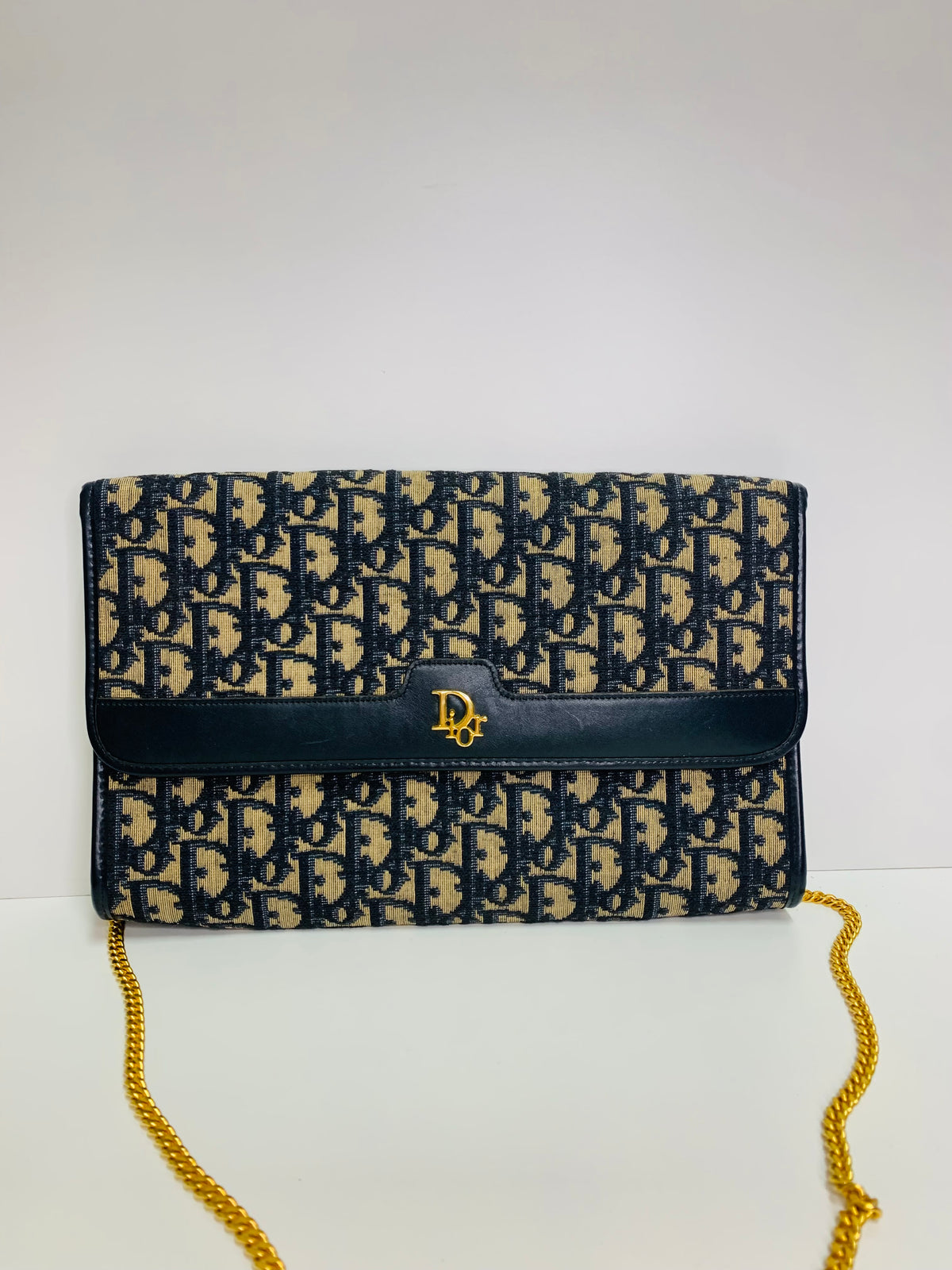 Vintage Christian Dior Oblique Monogram Flap Clutch / Chain Shoulder Bag