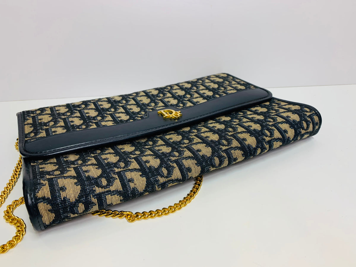 Vintage Christian Dior Oblique Monogram Flap Clutch / Chain Shoulder Bag