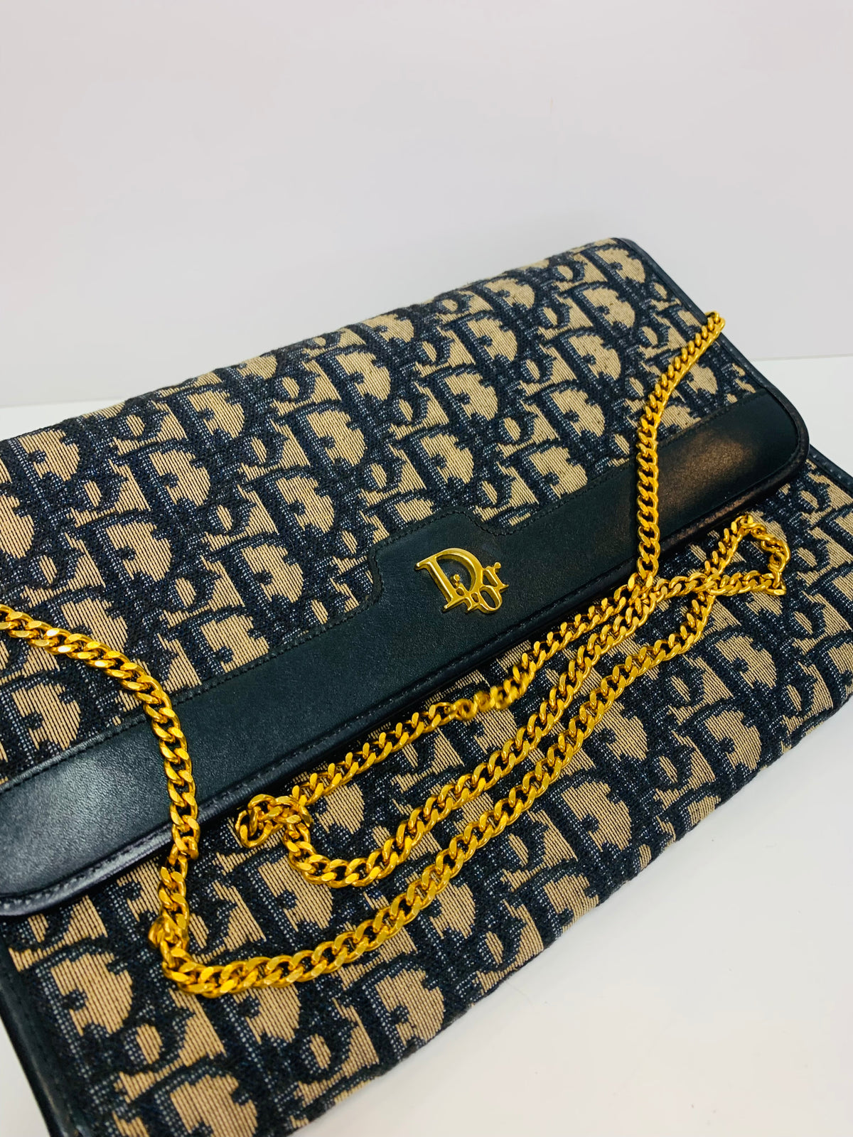 Vintage Christian Dior Oblique Monogram Flap Clutch / Chain Shoulder Bag
