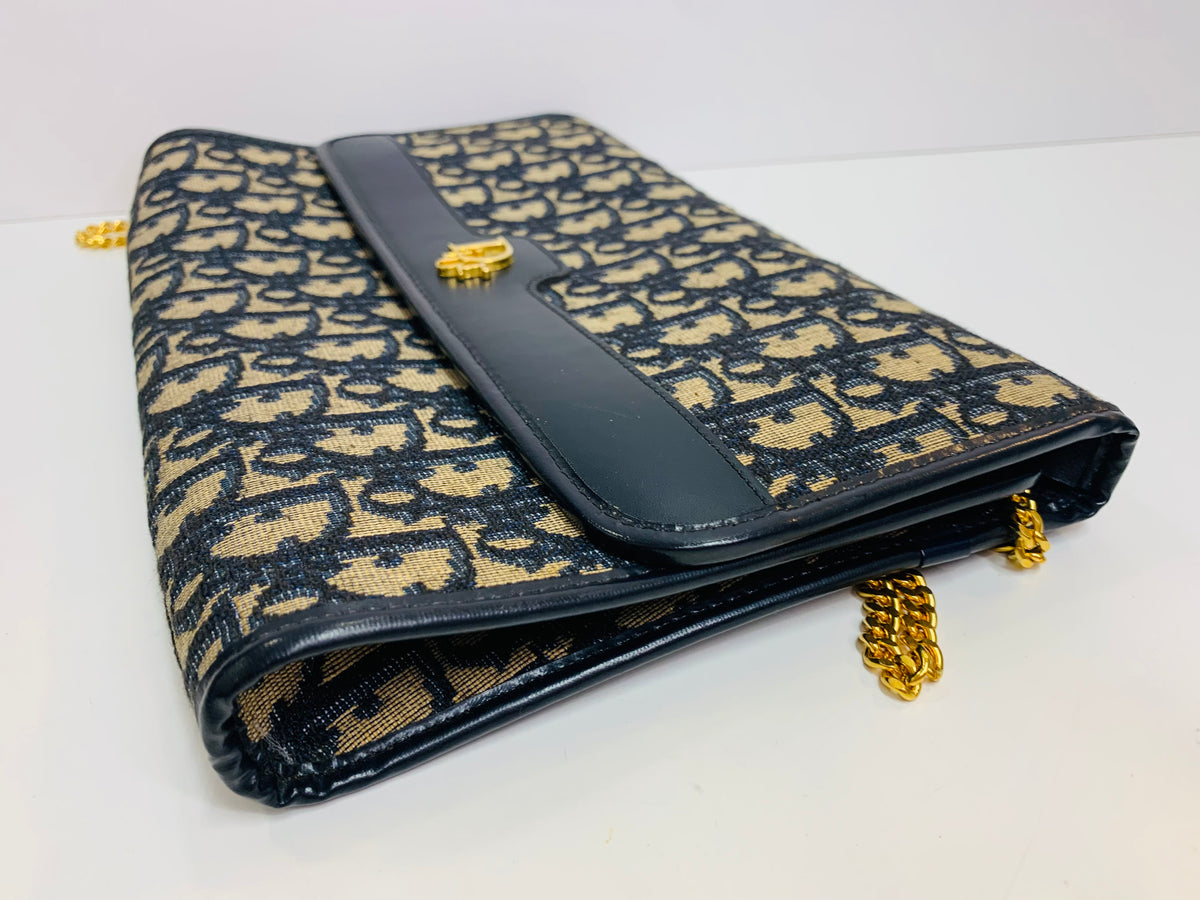 Vintage Christian Dior Oblique Monogram Flap Clutch / Chain Shoulder Bag