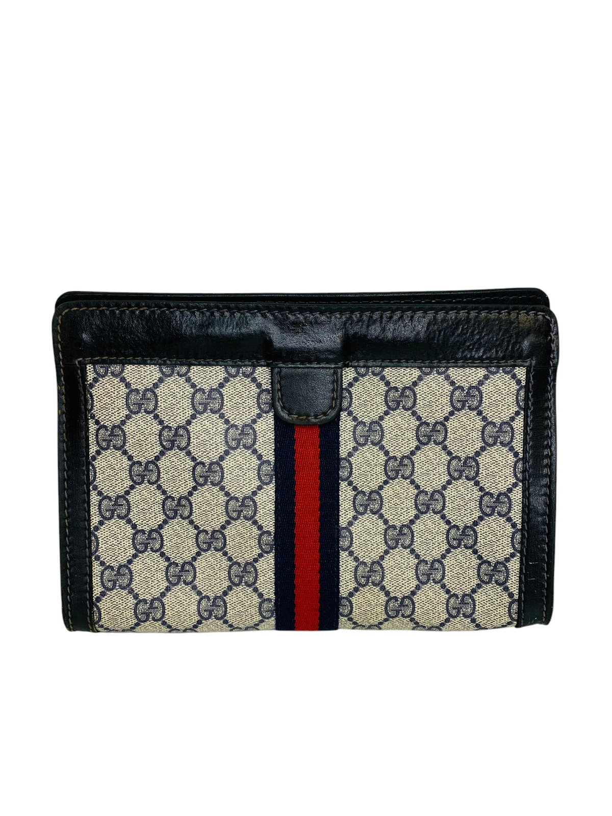 Cherry's Luxury Collection vintage Gucci monogram canvas clutch with black leather trim and signature red-blue stripe.