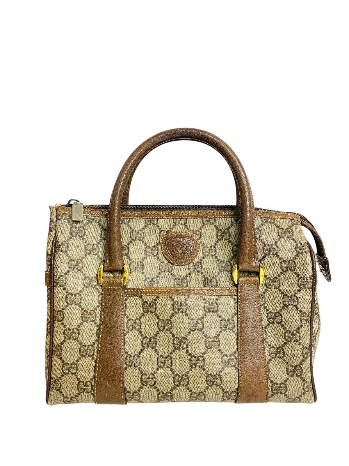 Cherry's Luxury Collection vintage Gucci monogram canvas handbag with brown leather trim and gold-tone hardware.
