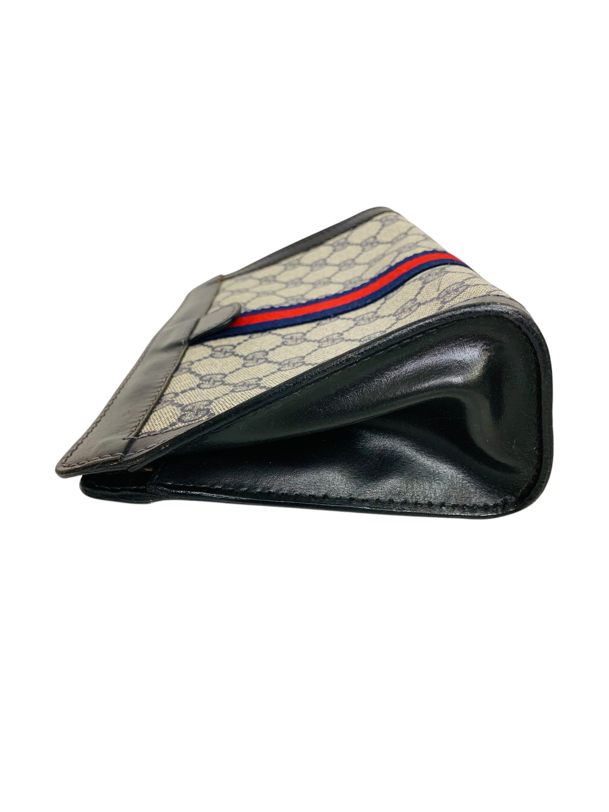 Cherry's Luxury Collection vintage Gucci clutch in beige monogram canvas with red and blue web stripe and black leather
