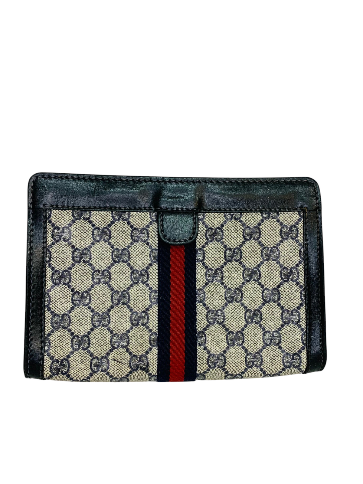 Cherry's Luxury Collection vintage Gucci monogram canvas clutch with black leather trim and red and blue web stripe.