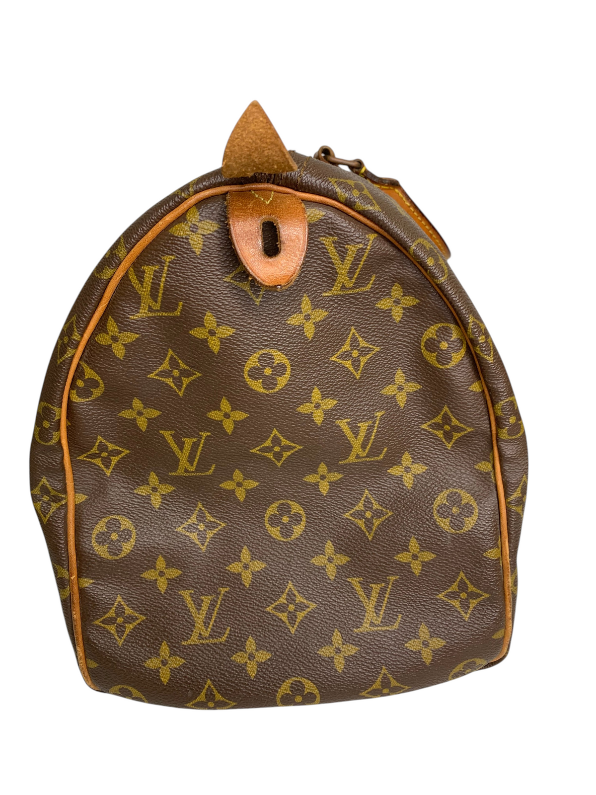 Classic monogram coated canvas travel duffel bag with brown leather trim and side profile view.