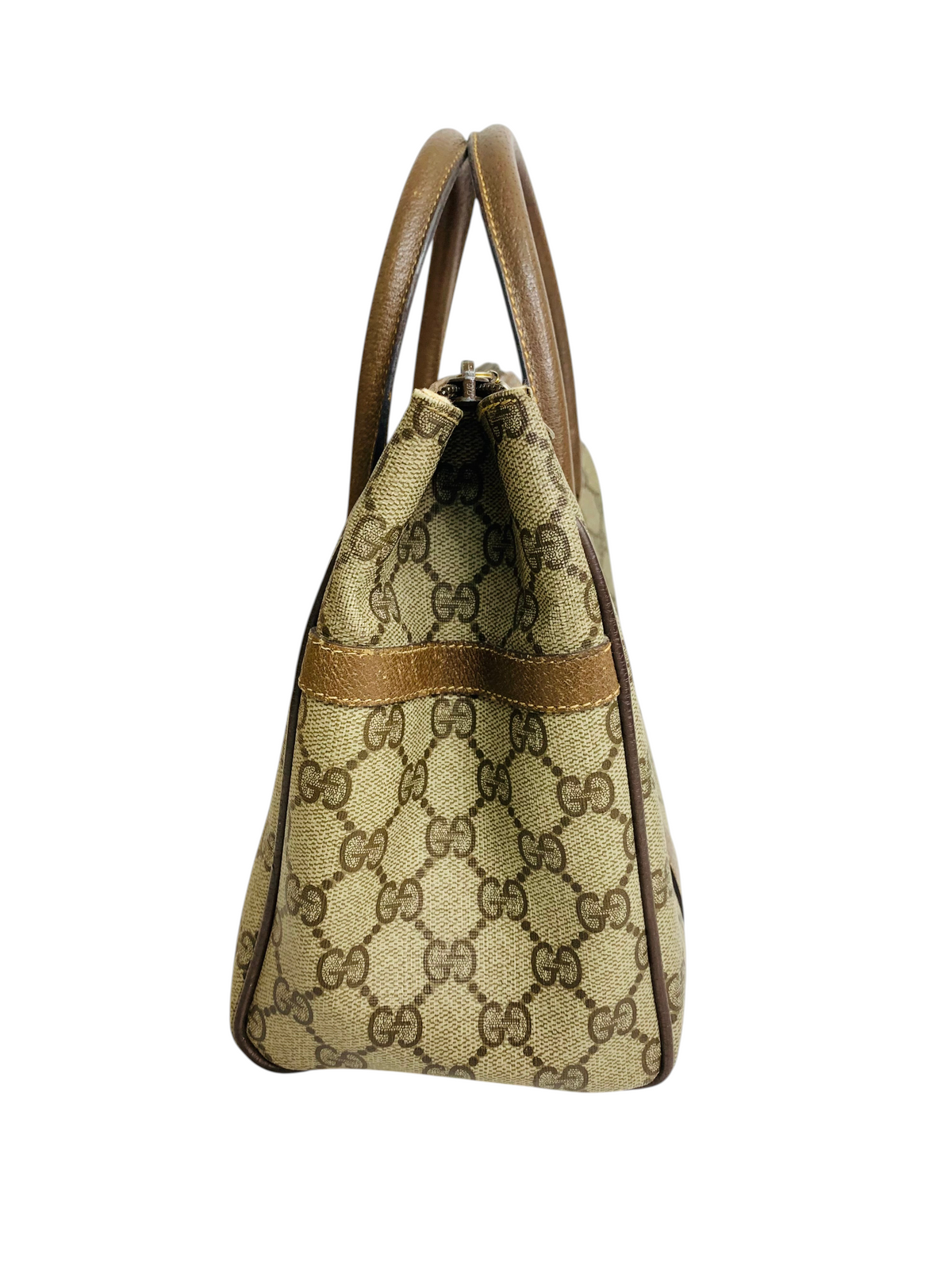 Cherry's Luxury Collection Gucci monogram canvas tote bag with brown leather trim and handles, side profile view.