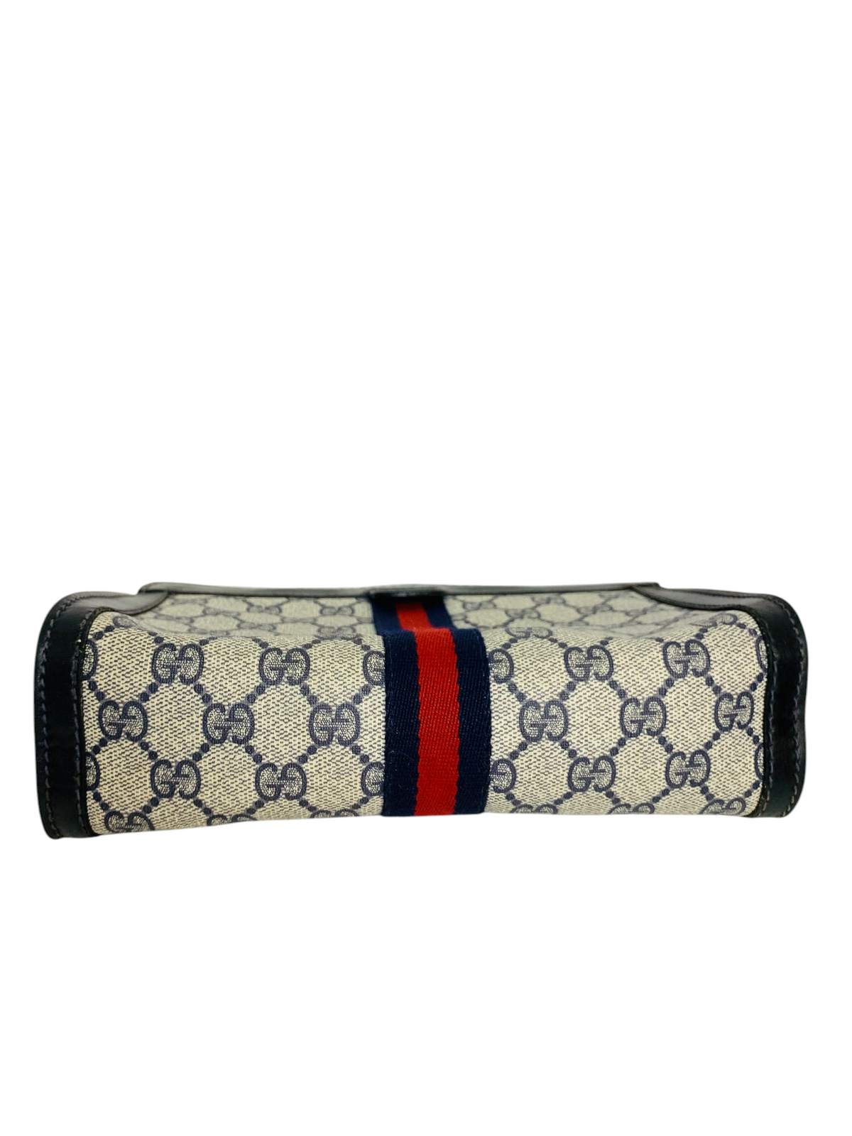 Cherry's Luxury Collection Gucci monogram canvas clutch with navy and red web stripe and black leather trim.
