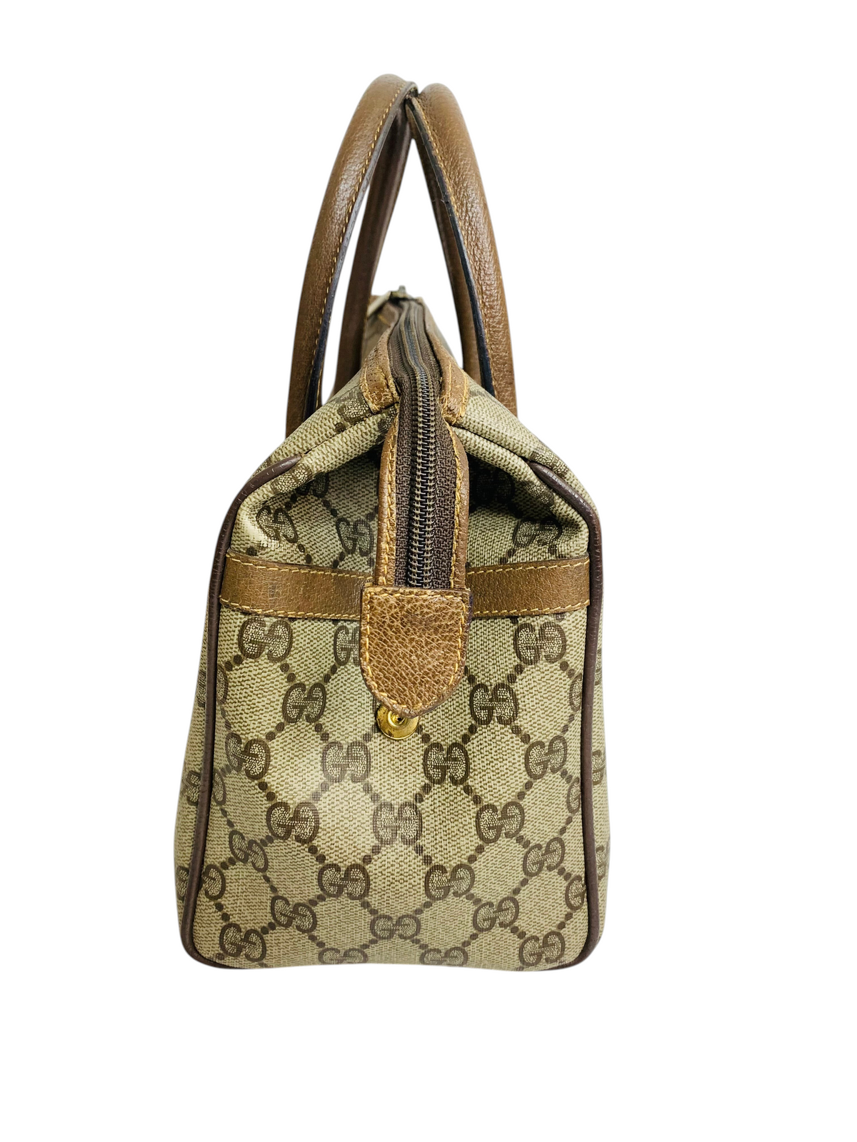 Cherry's Luxury Collection vintage Gucci monogram canvas handbag with brown leather trim and gold hardware side view