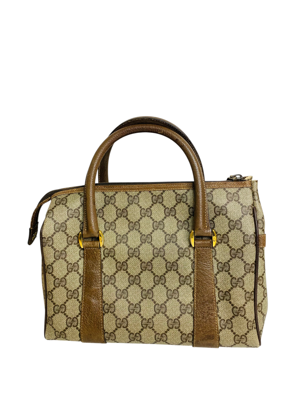 Cherry's Luxury Collection Gucci monogram canvas handbag with brown leather trim and gold-tone hardware.