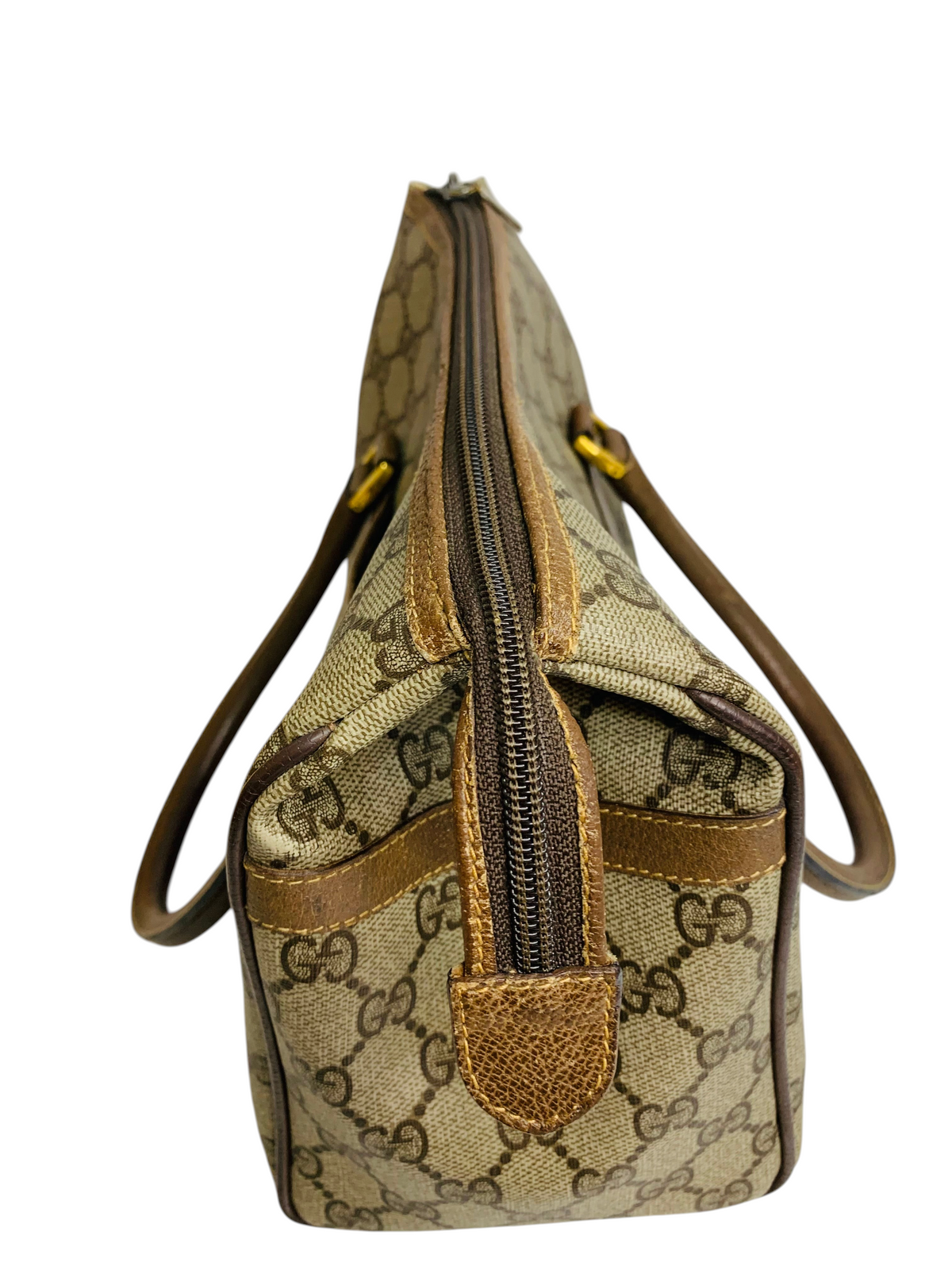 Cherry's Luxury Collection Gucci monogram canvas handbag with brown leather trim and top zipper closure