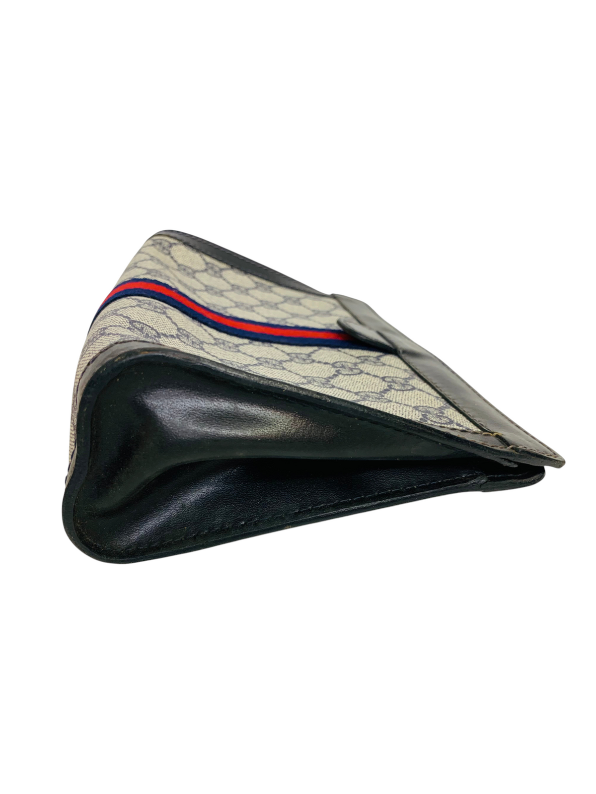 Cherry's Luxury Collection Gucci monogram canvas clutch with red and blue stripe detail and black leather trim.