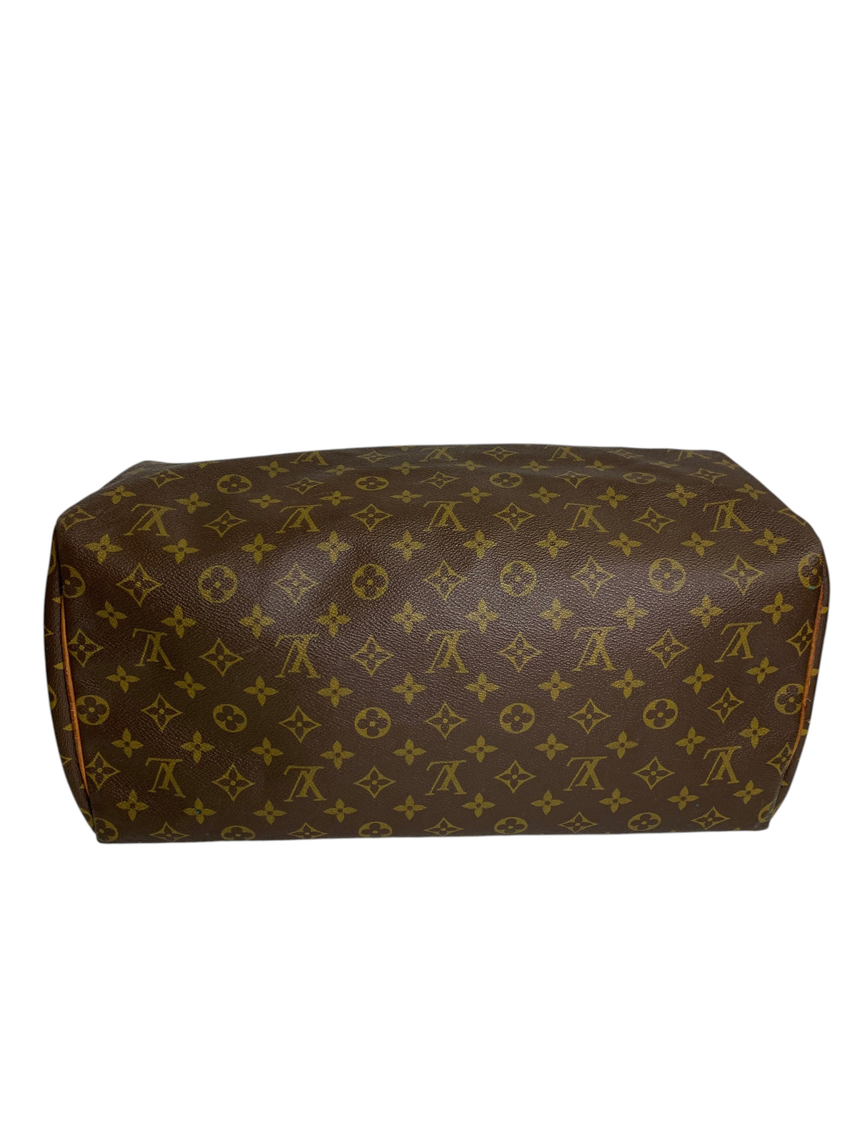 Classic monogram coated canvas travel duffel bag with brown leather trim and structured silhouette.