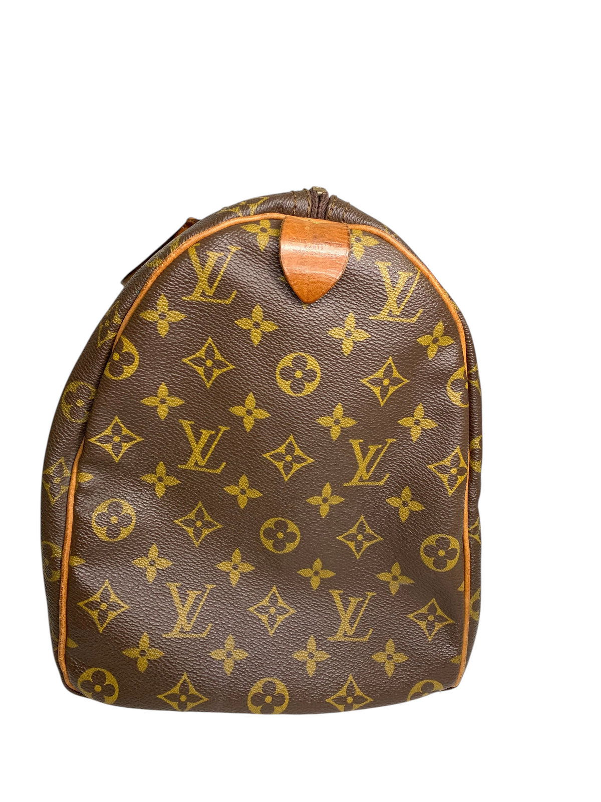 Louis Vuitton monogram coated canvas travel duffel bag with brown leather trim and side profile view.