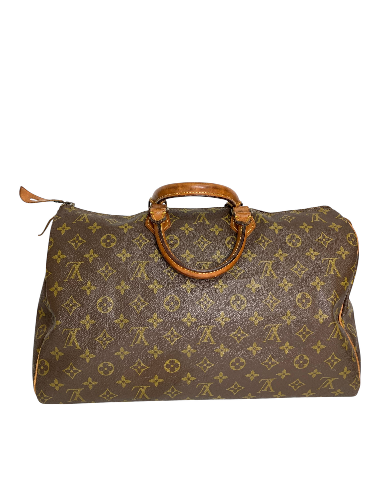 Louis Vuitton monogram coated canvas travel duffel bag with rolled leather handles and top-zip closure.