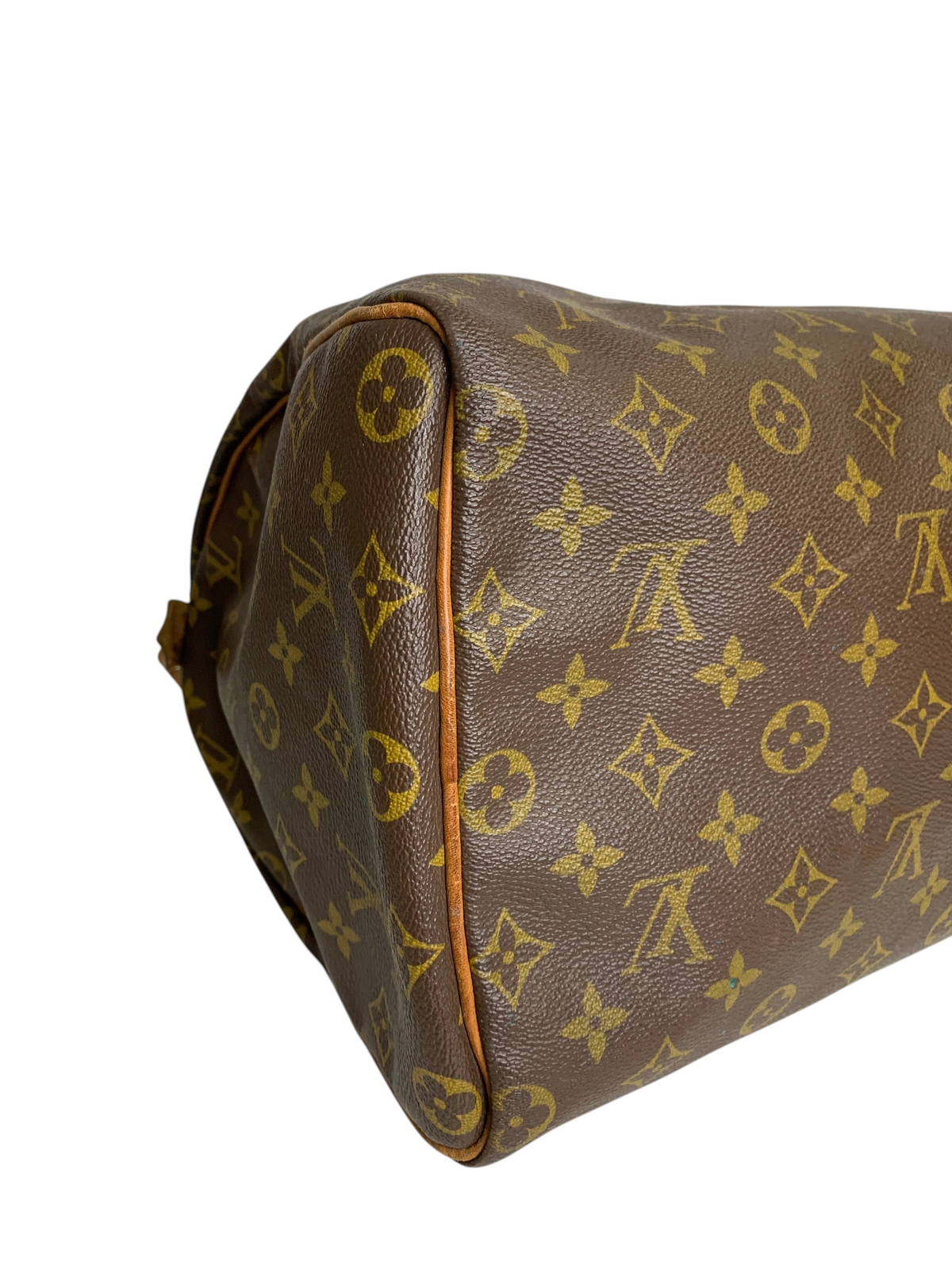 Brown monogram coated canvas travel duffel bag with leather trim and structured side profile.